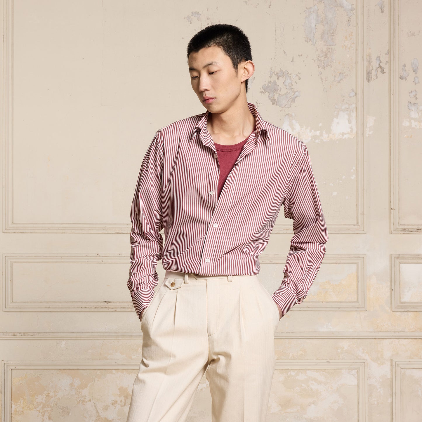 Chemise en popeline à rayures bordeaux et blanches