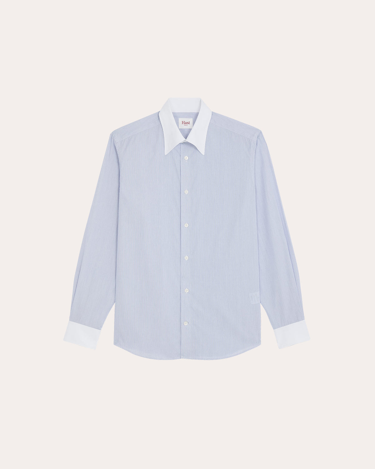 Chemise en coton bleu rayé col blanc