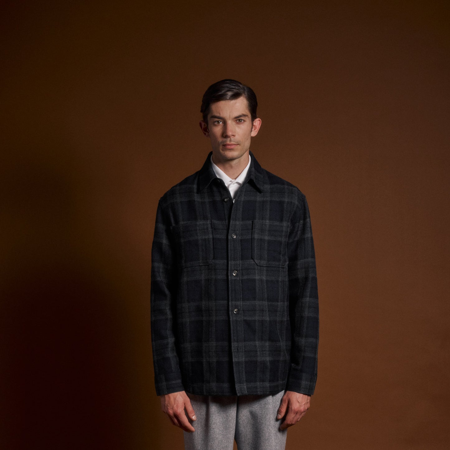 Surchemise tartan marine mohair et laine vierge