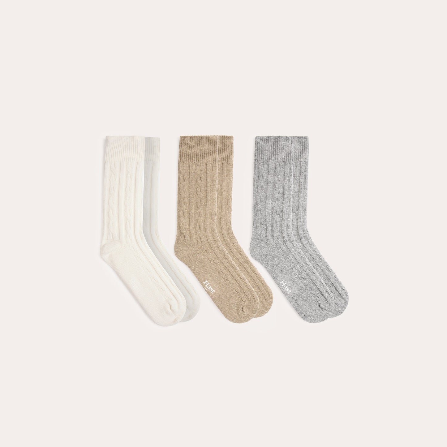 Pack de 3 chaussettes en laine cachemire grise, beige, écru