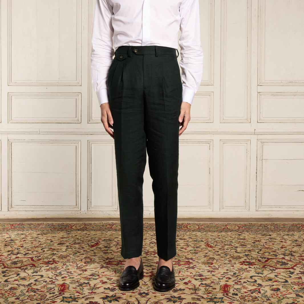 Double-pleated green linen pants