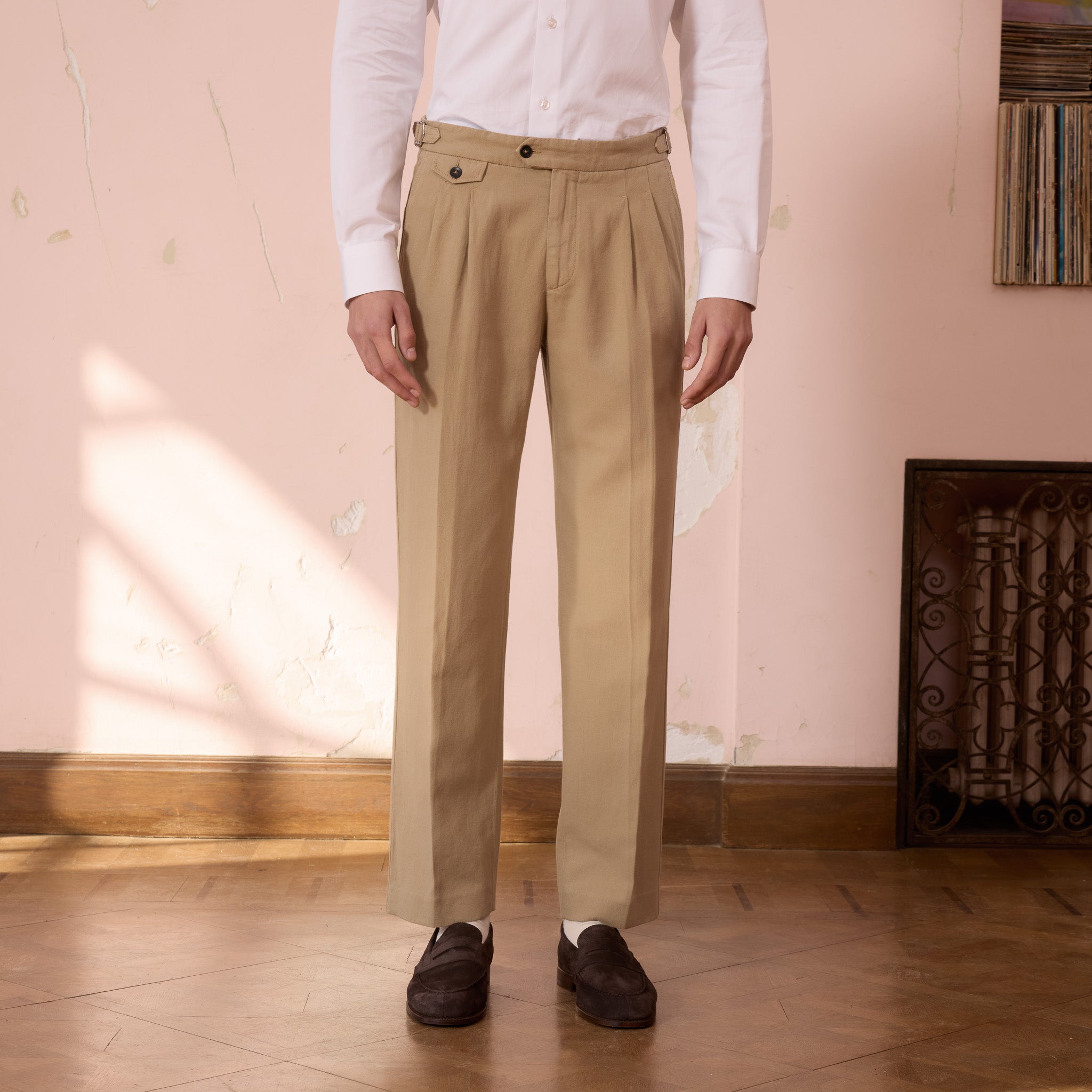 Linen Pants Mens High Waisted Double Pleated Trousers Beige Cotton