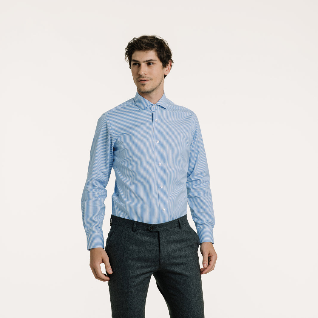 Double-twisted poplin shirt with blue stripes