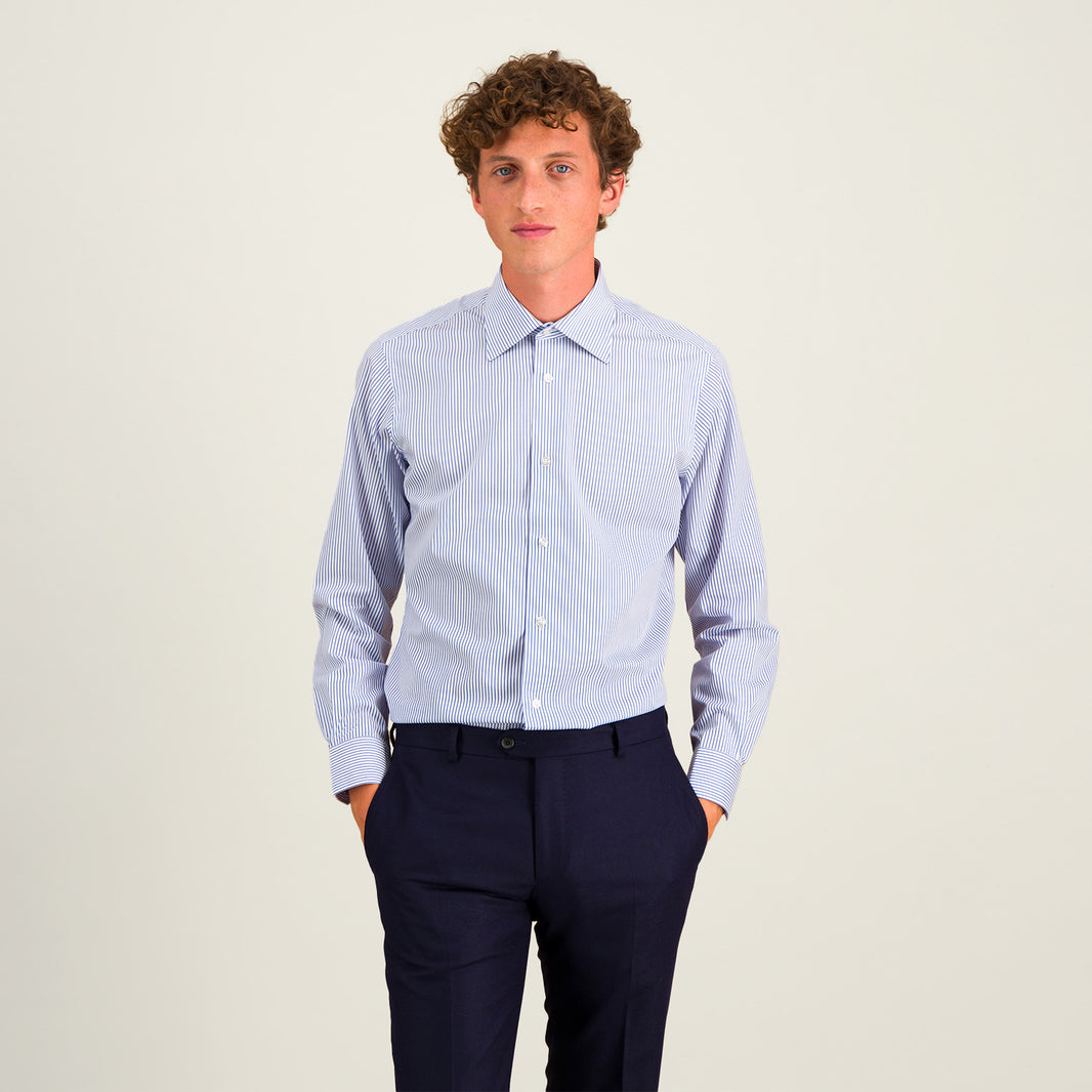 Fitted twill shirt with fine blue and white stripes