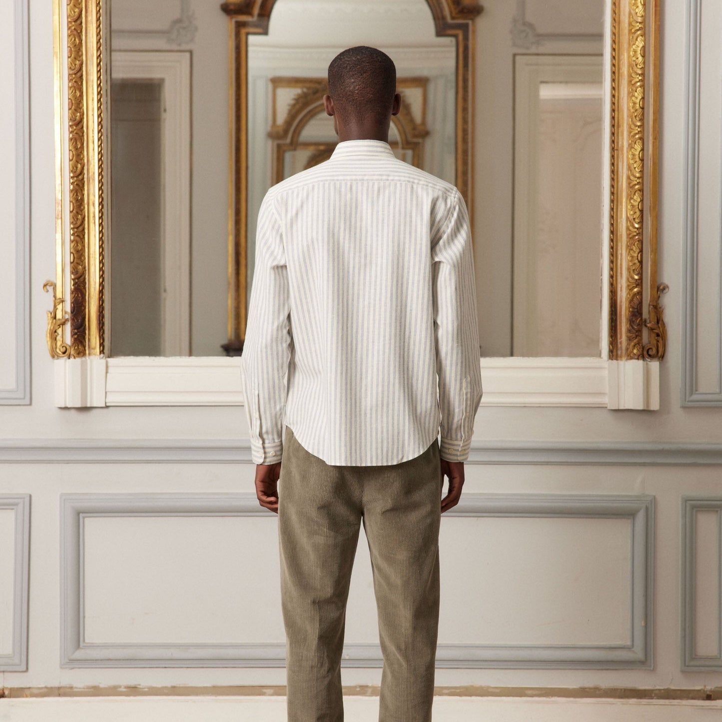 Chemise en flanelle de coton et lin écrue à rayures bleues