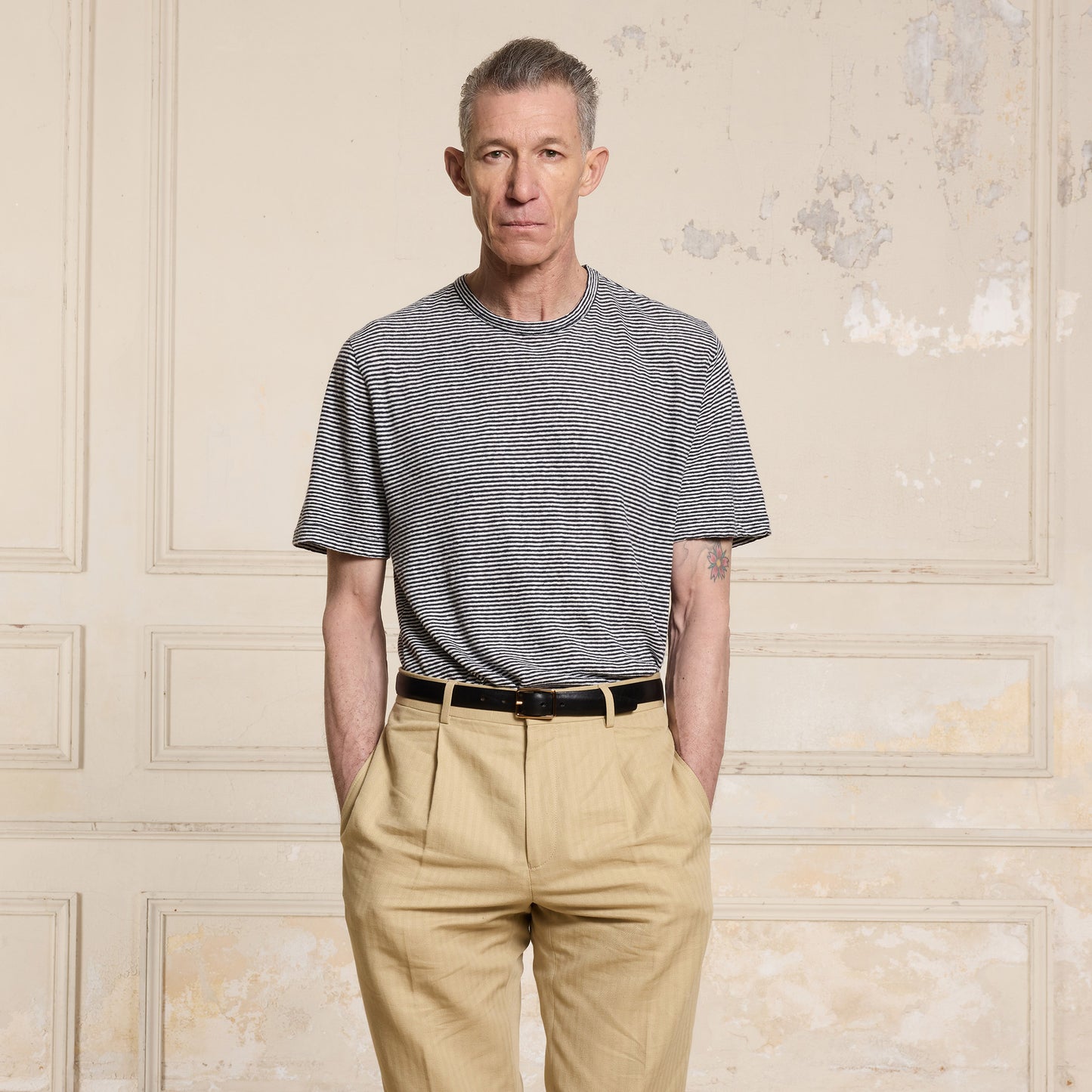 Navy and white striped cotton and linen T-shirt