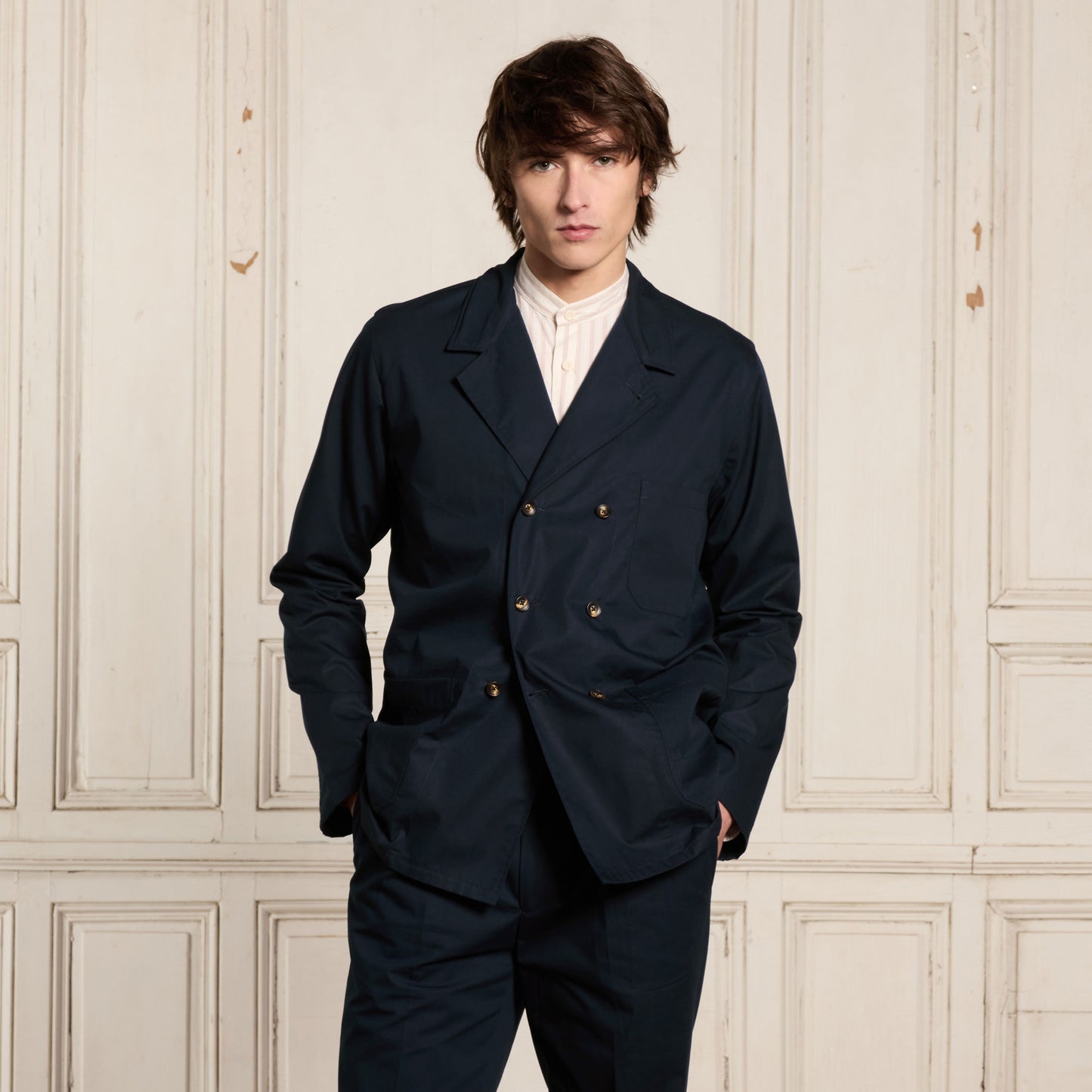 Navy cotton double-breasted work jacket