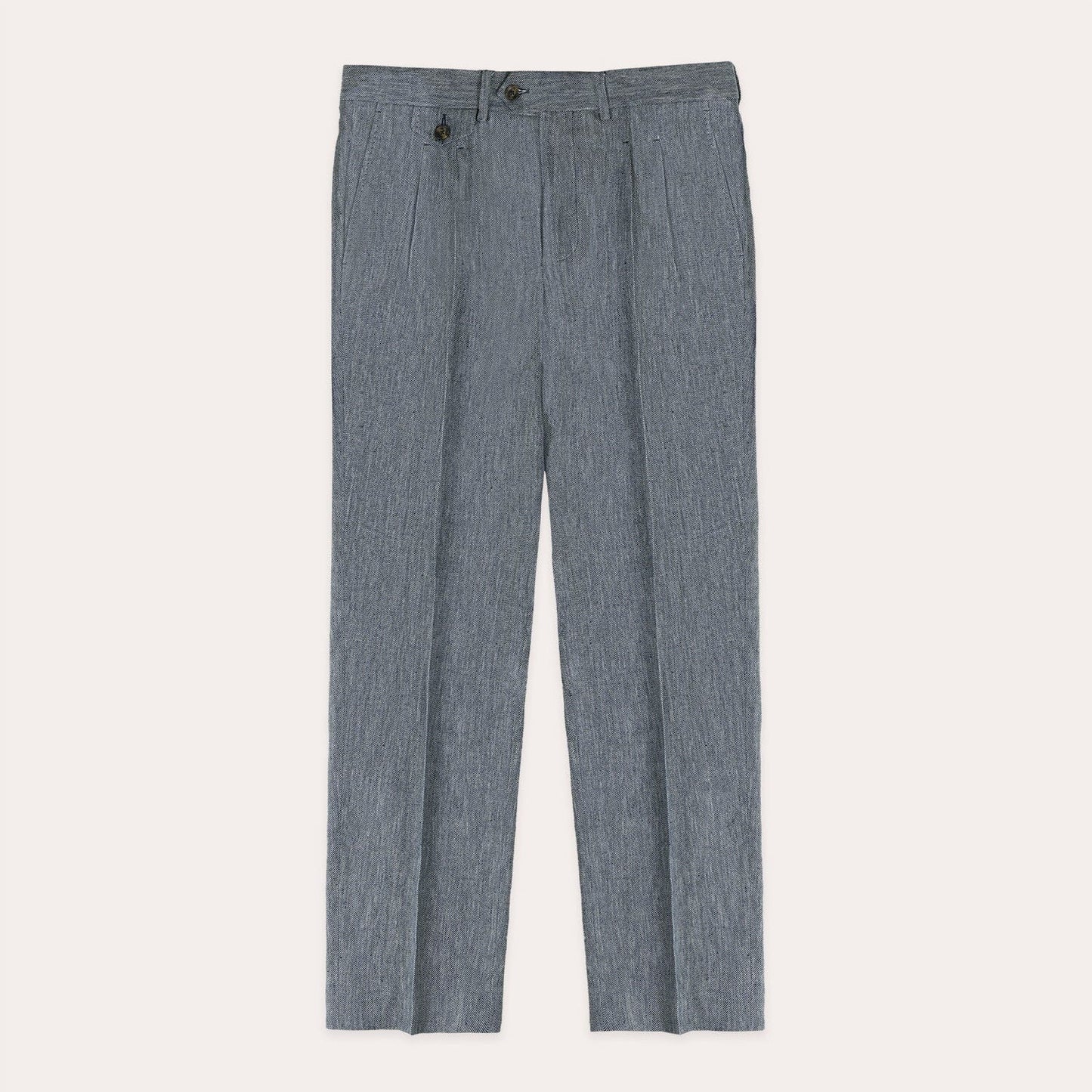 Pantalon à double plis en lin et coton bleu chiné