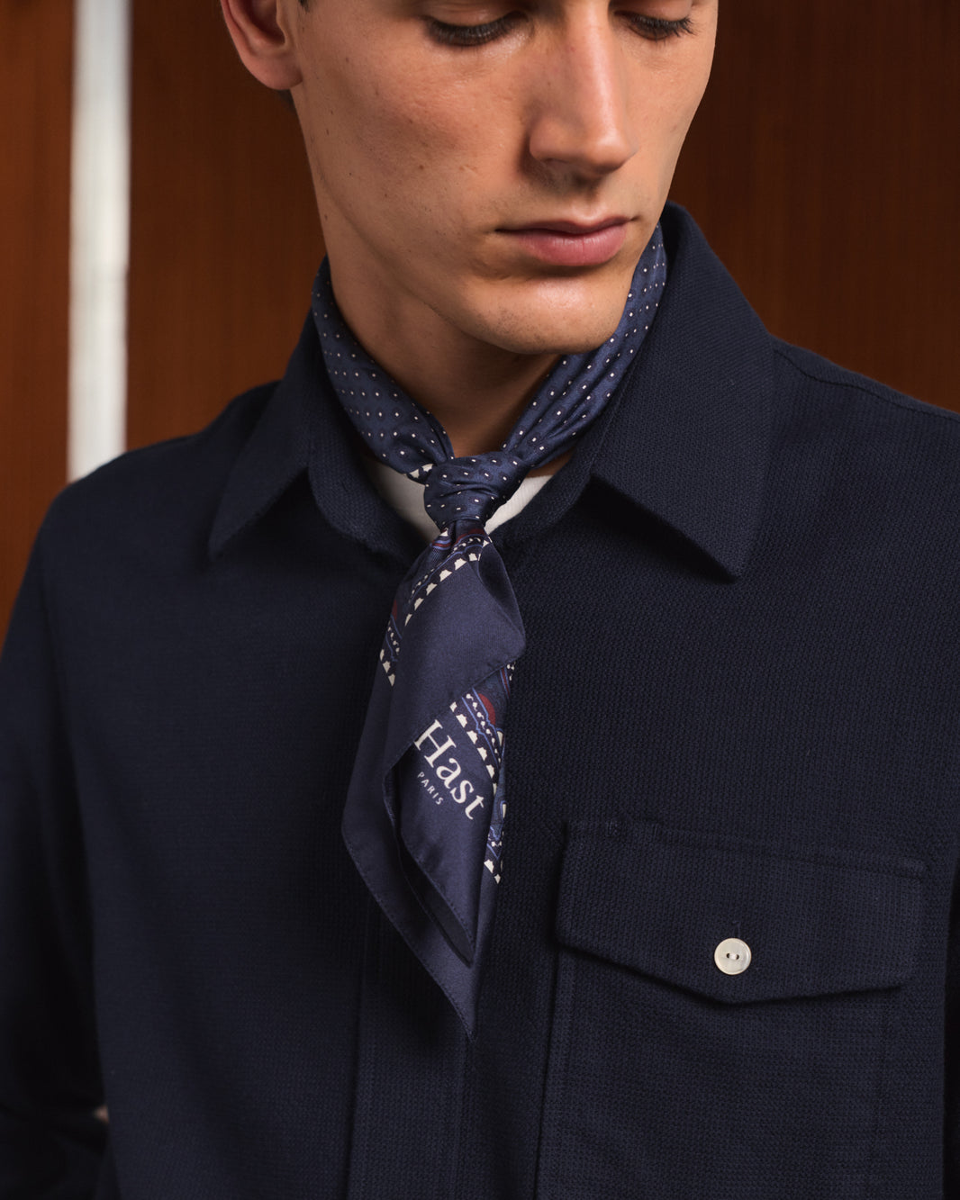 Navy silk patterned scarf