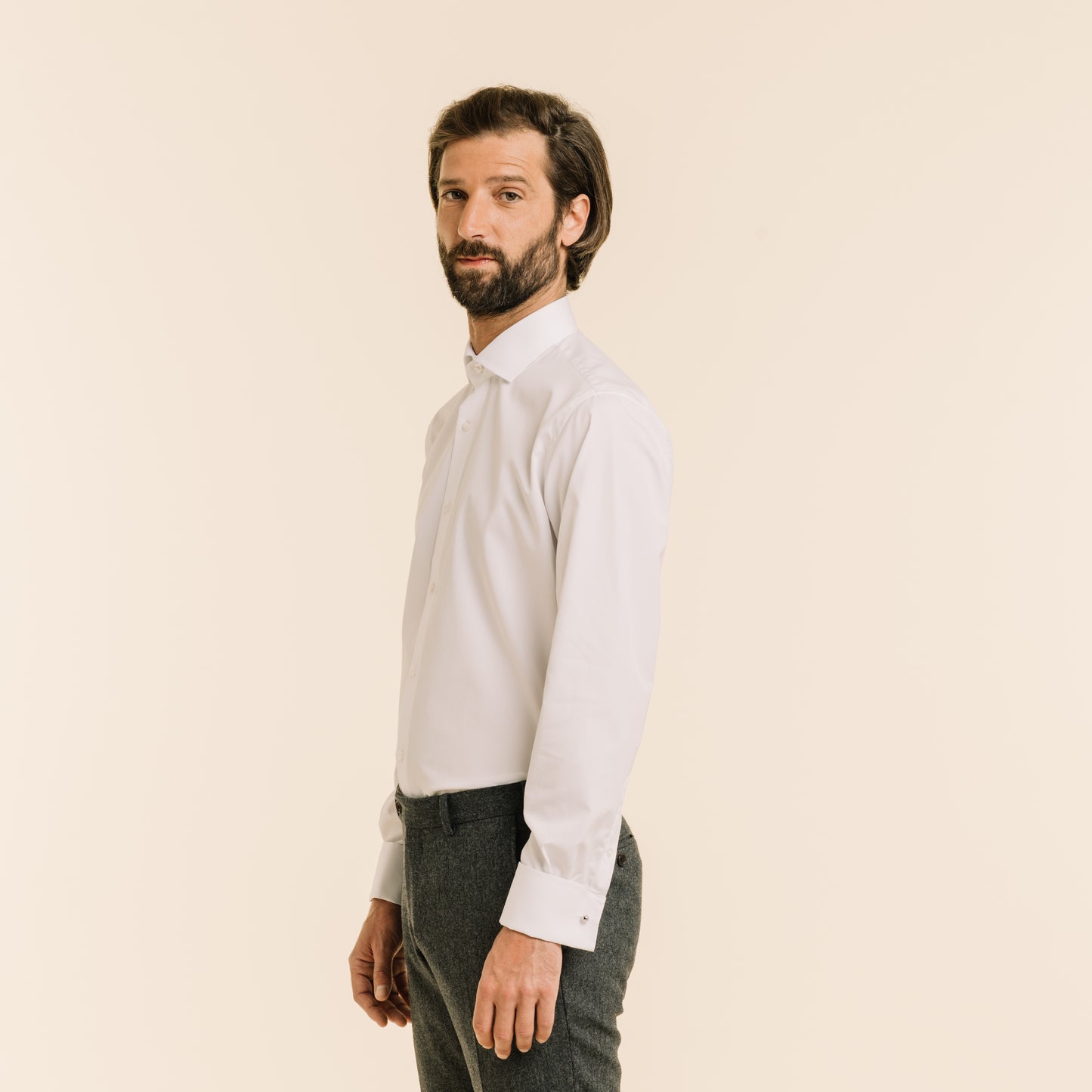Chemise en popeline double retors blanche à poignets mousquetaires