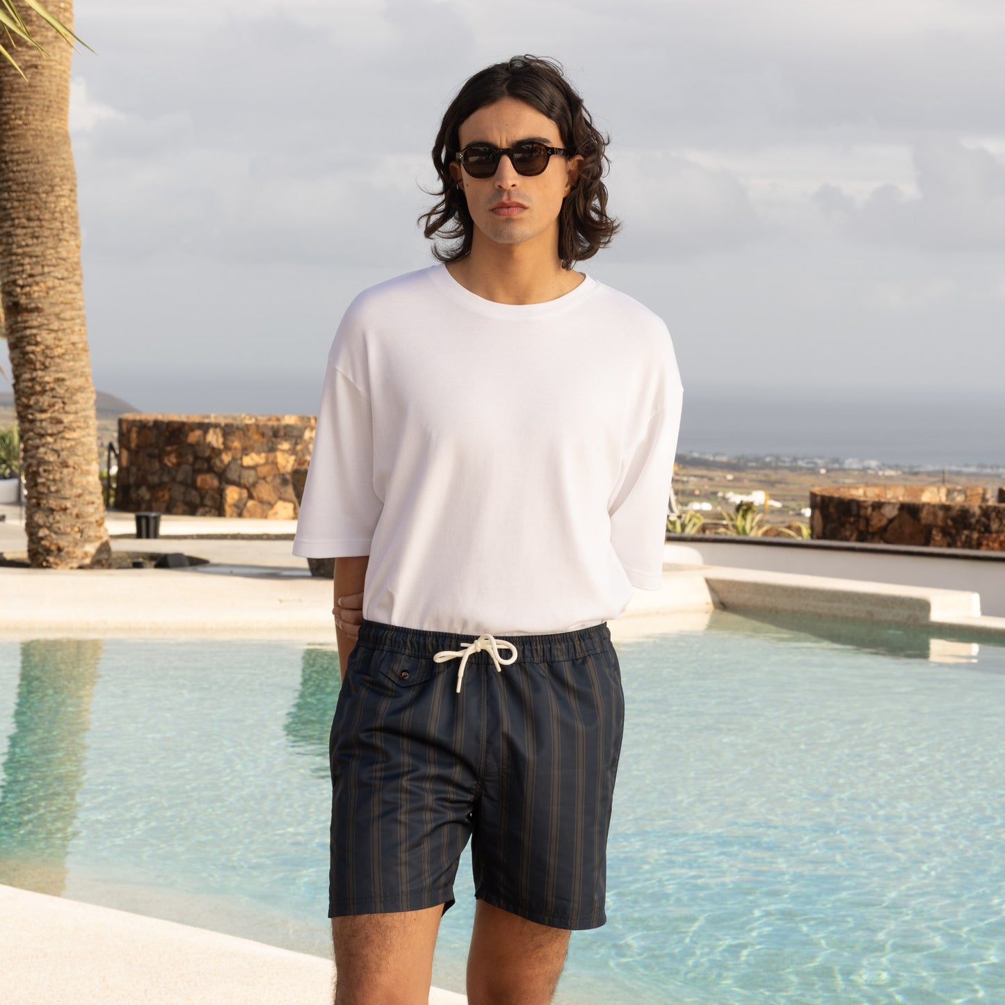 Maillot de bain navy à rayures kaki