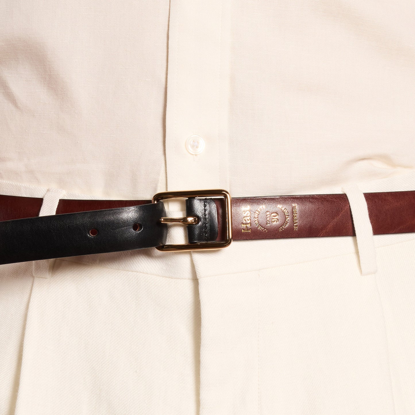 Reversible black and burgundy cowhide leather belt