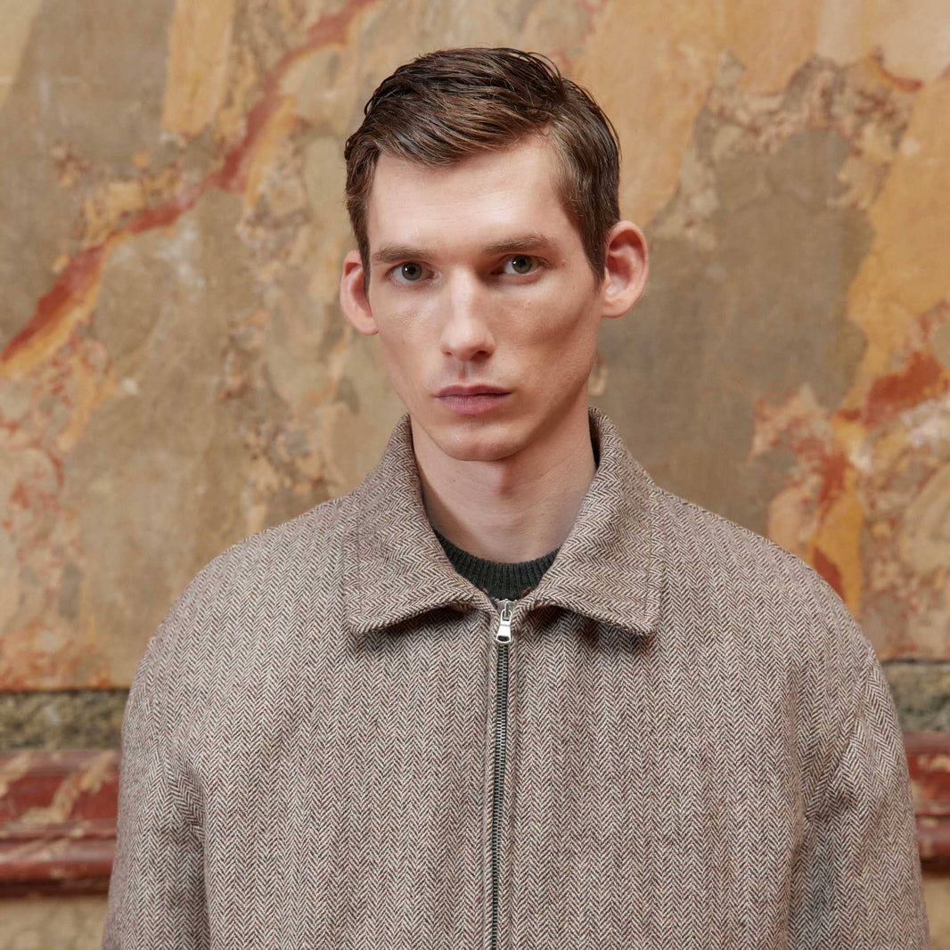 Blouson aviateur en laine à chevrons marron