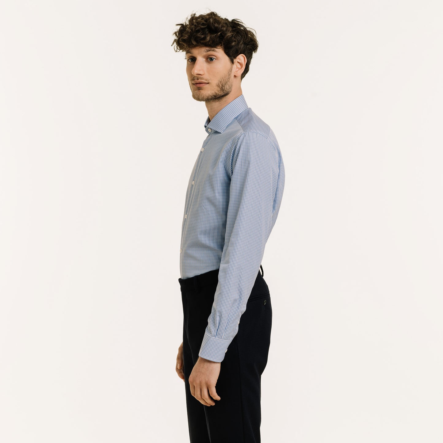 Fitted shirt in blue double-twisted gingham poplin