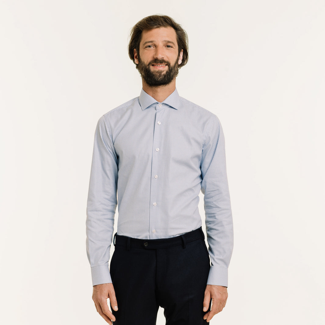 Fitted shirt in double twisted twill with blue checks