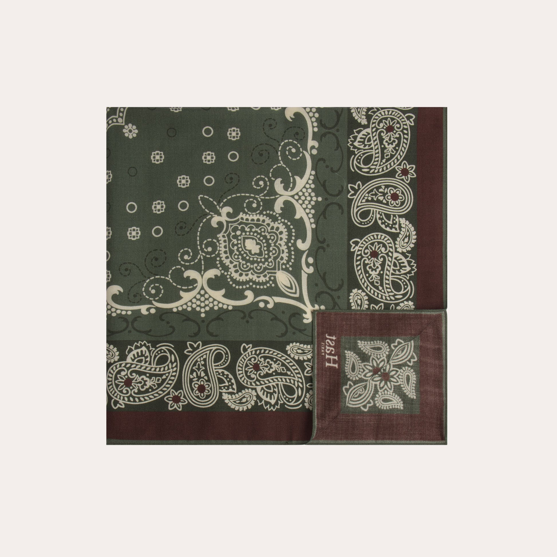 Foulard en laine et soie vert à motifs