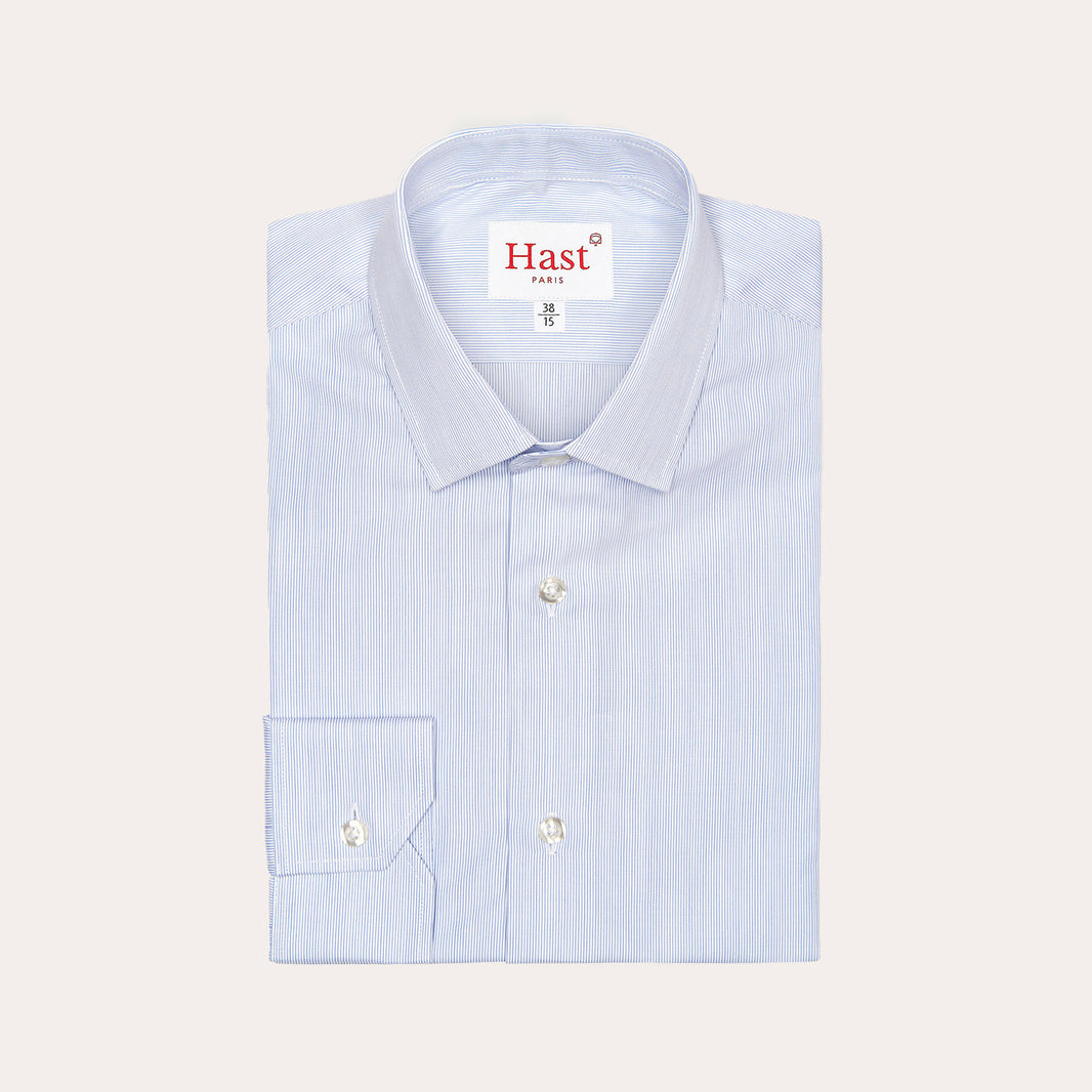 Shirt in faux-plain double-twisted poplin with fine blue stripes