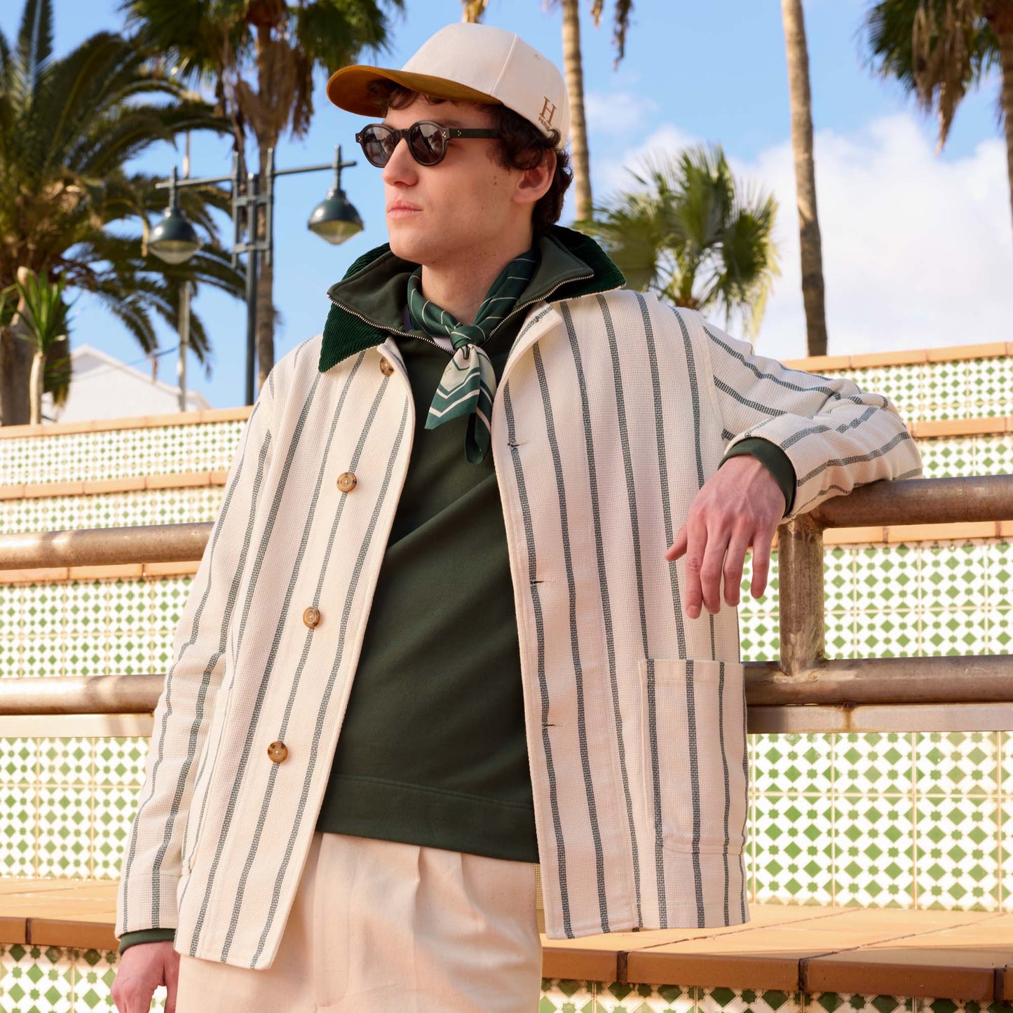 Ecru cotton work jacket with green stripes