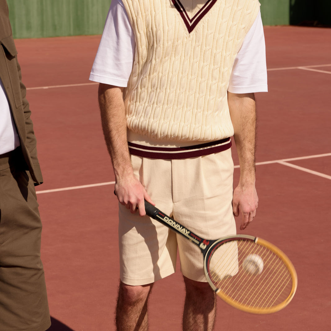 Pull sans manches en coton écru et bordeaux