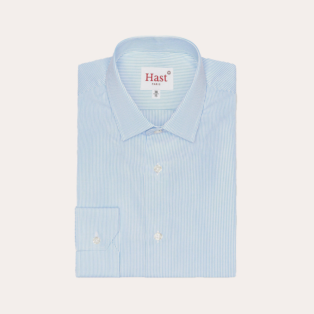 Double-twisted poplin shirt with small sky blue stripes