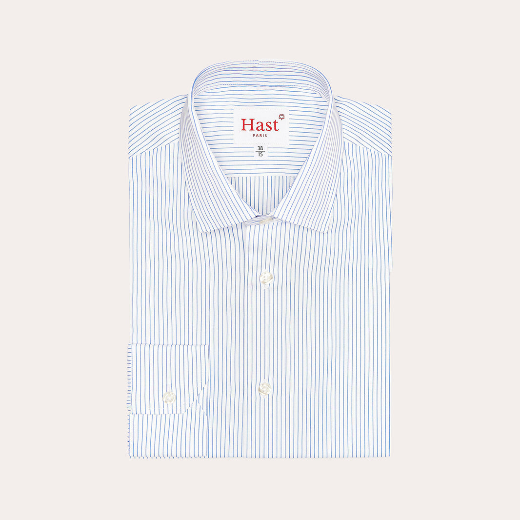 Fitted shirt in double-twisted poplin with fine blue stripes