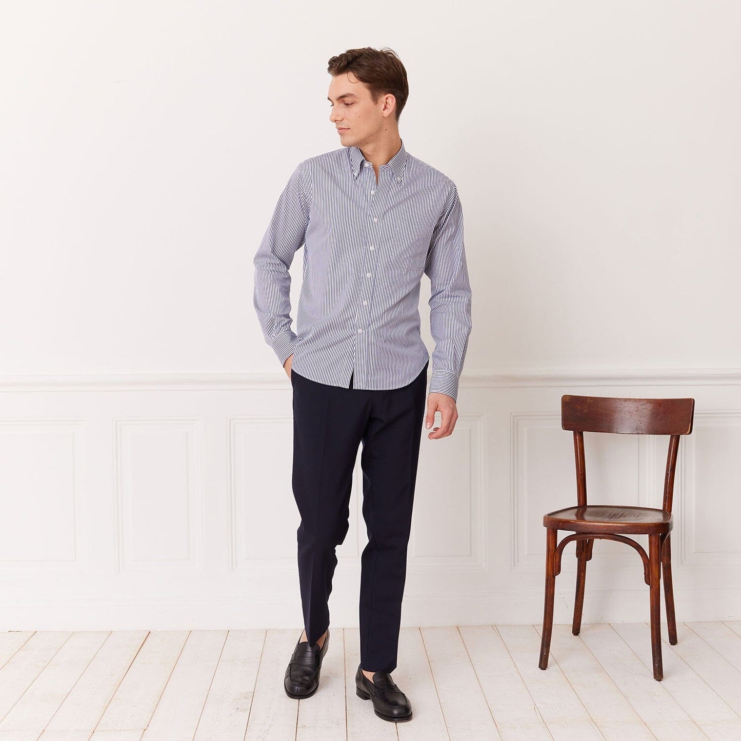 Chemise en coton Giza à rayures bleues et blanches