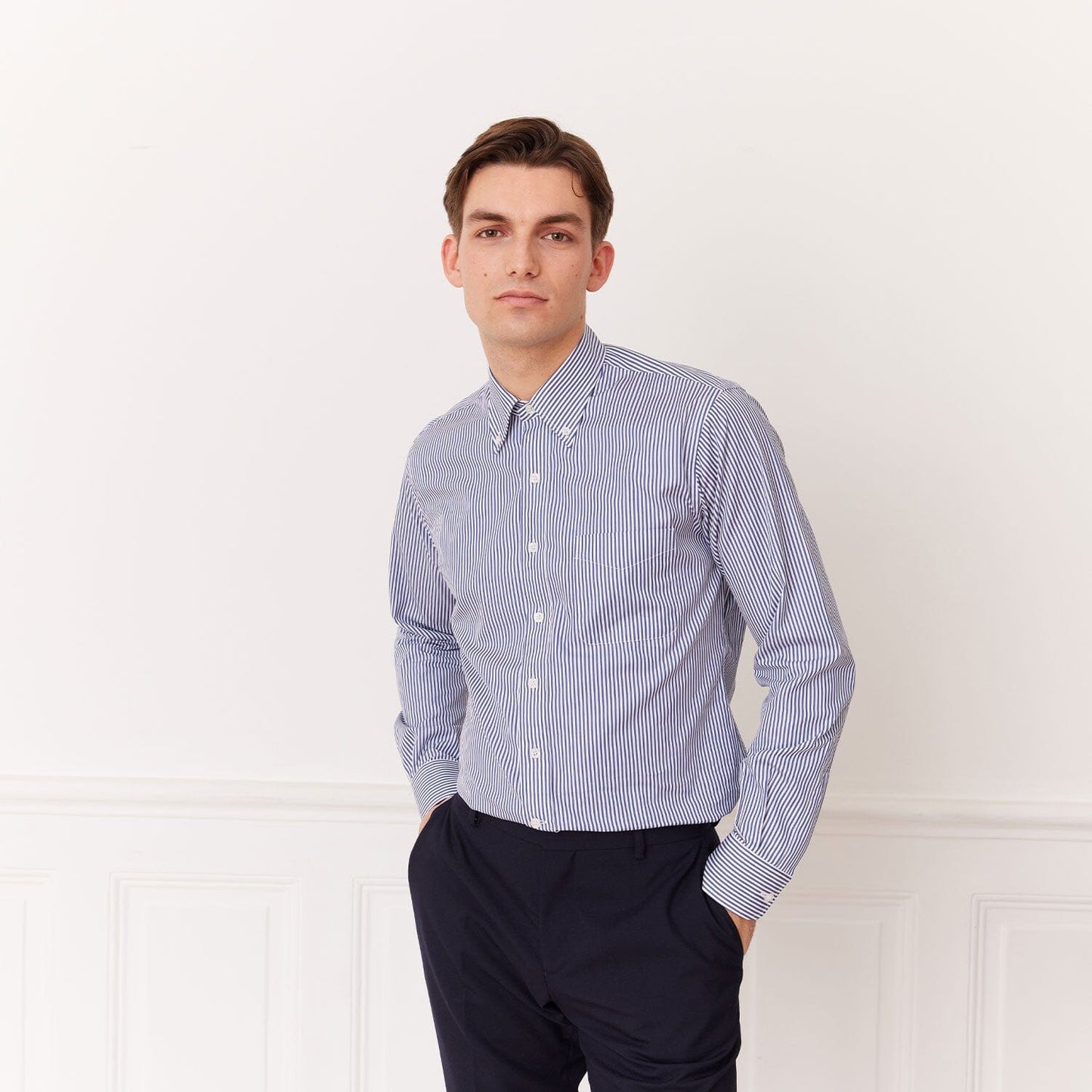 Chemise en coton Giza à rayures bleues et blanches