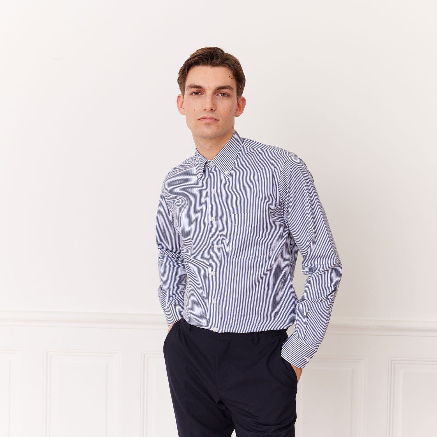 Chemise en coton Giza à rayures bleues et blanches