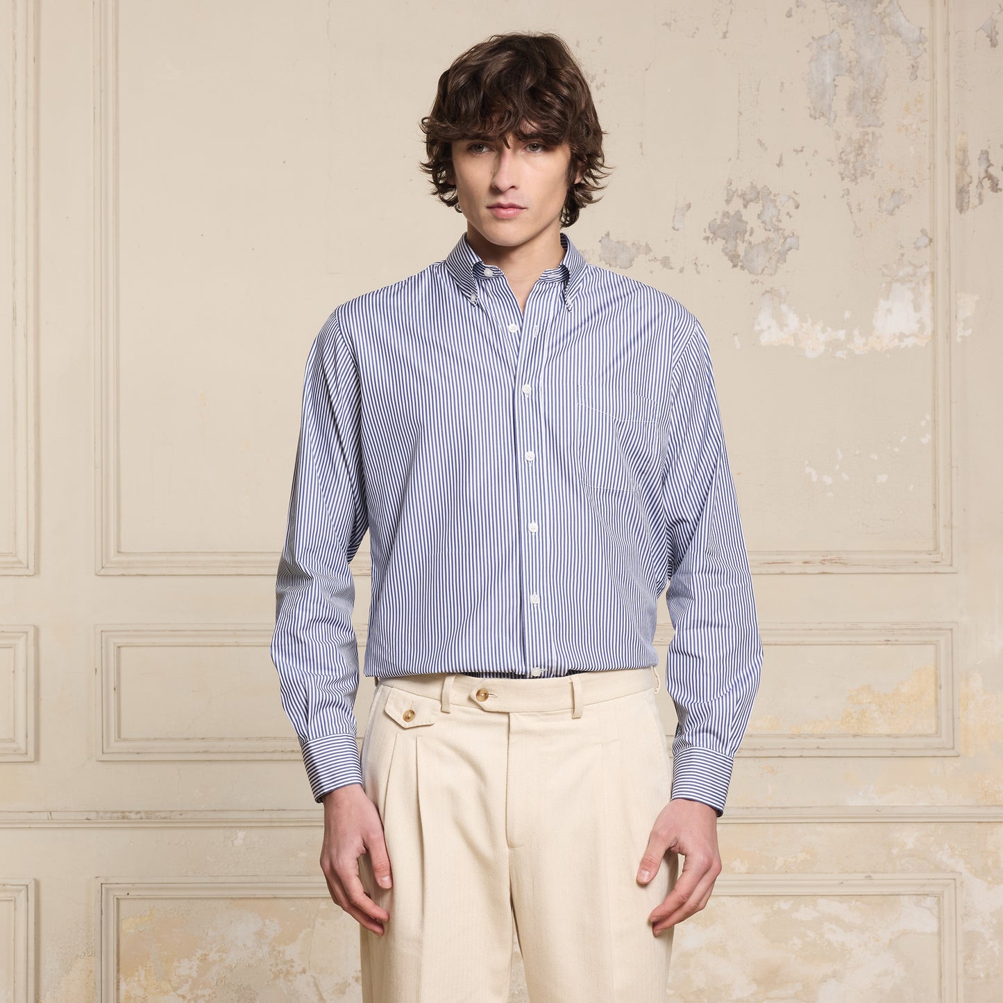 Chemise en giza coton à rayures bleues et blanches