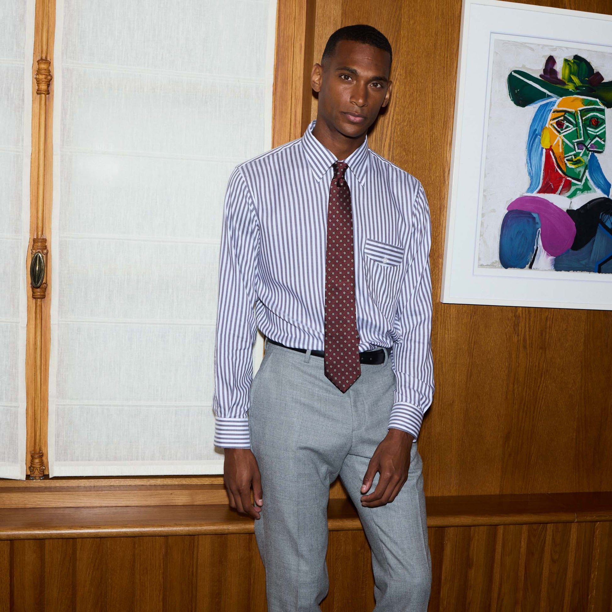 Chemise à rayures blanches et sauge