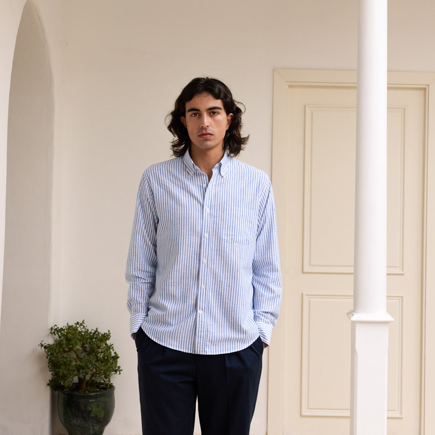White and blue striped cotton shirt