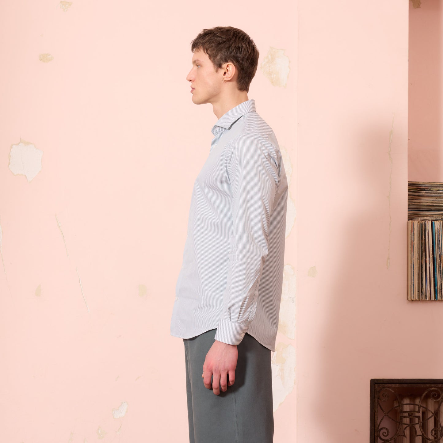 Green fine striped poplin shirt