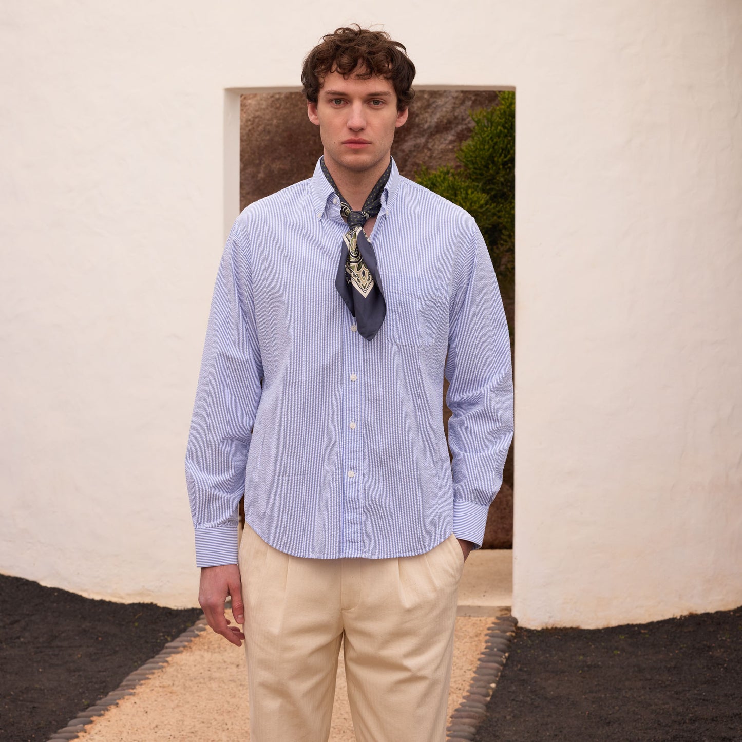 Blue striped cotton seersucker shirt