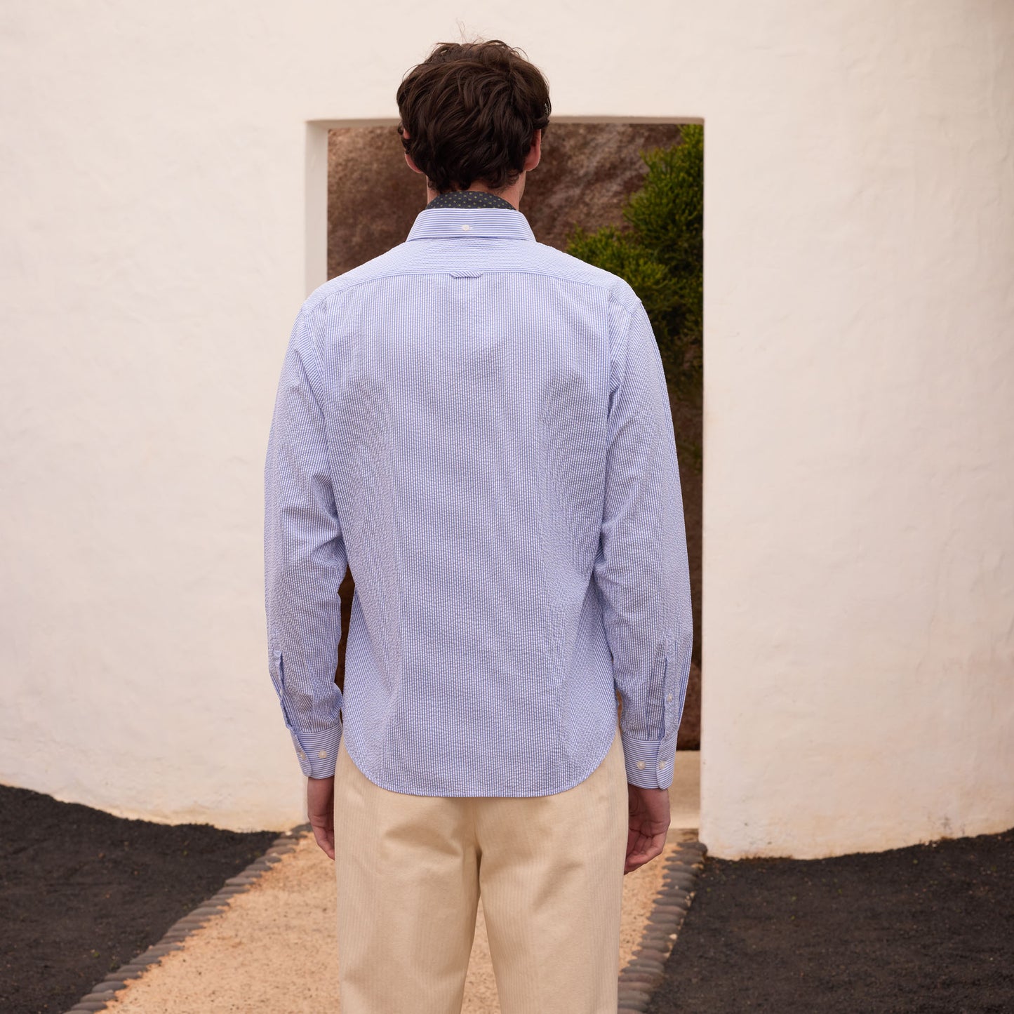 Blue striped cotton seersucker shirt