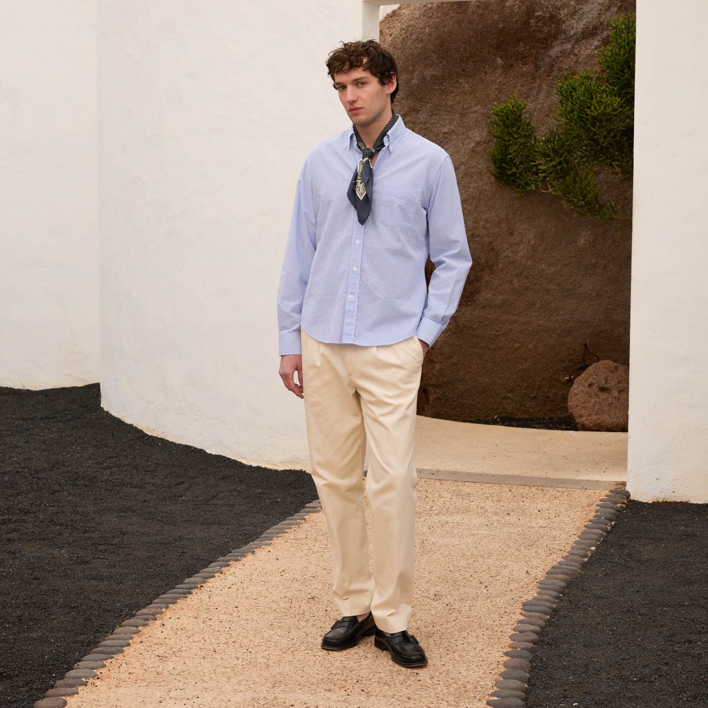 Blue striped cotton seersucker shirt