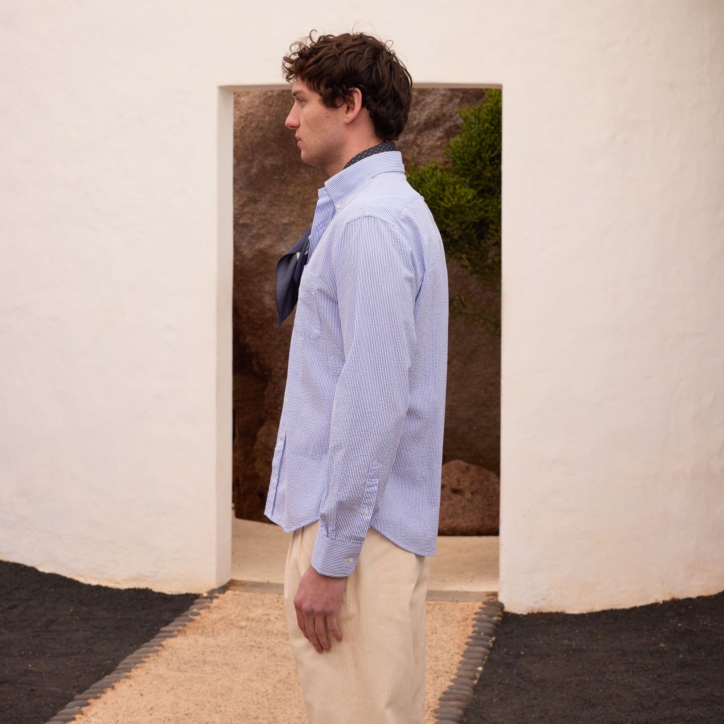Blue striped cotton seersucker shirt