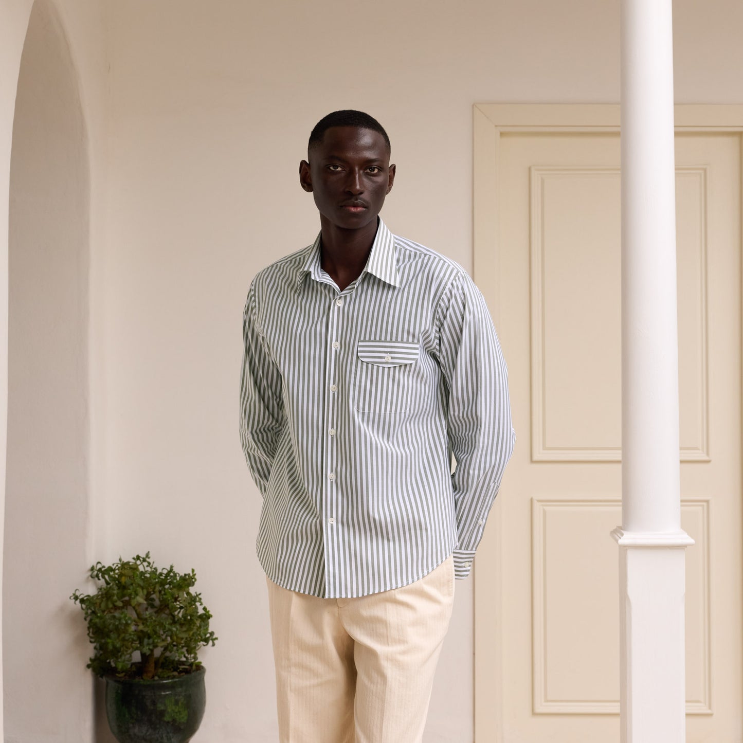 Green and white striped poplin shirt