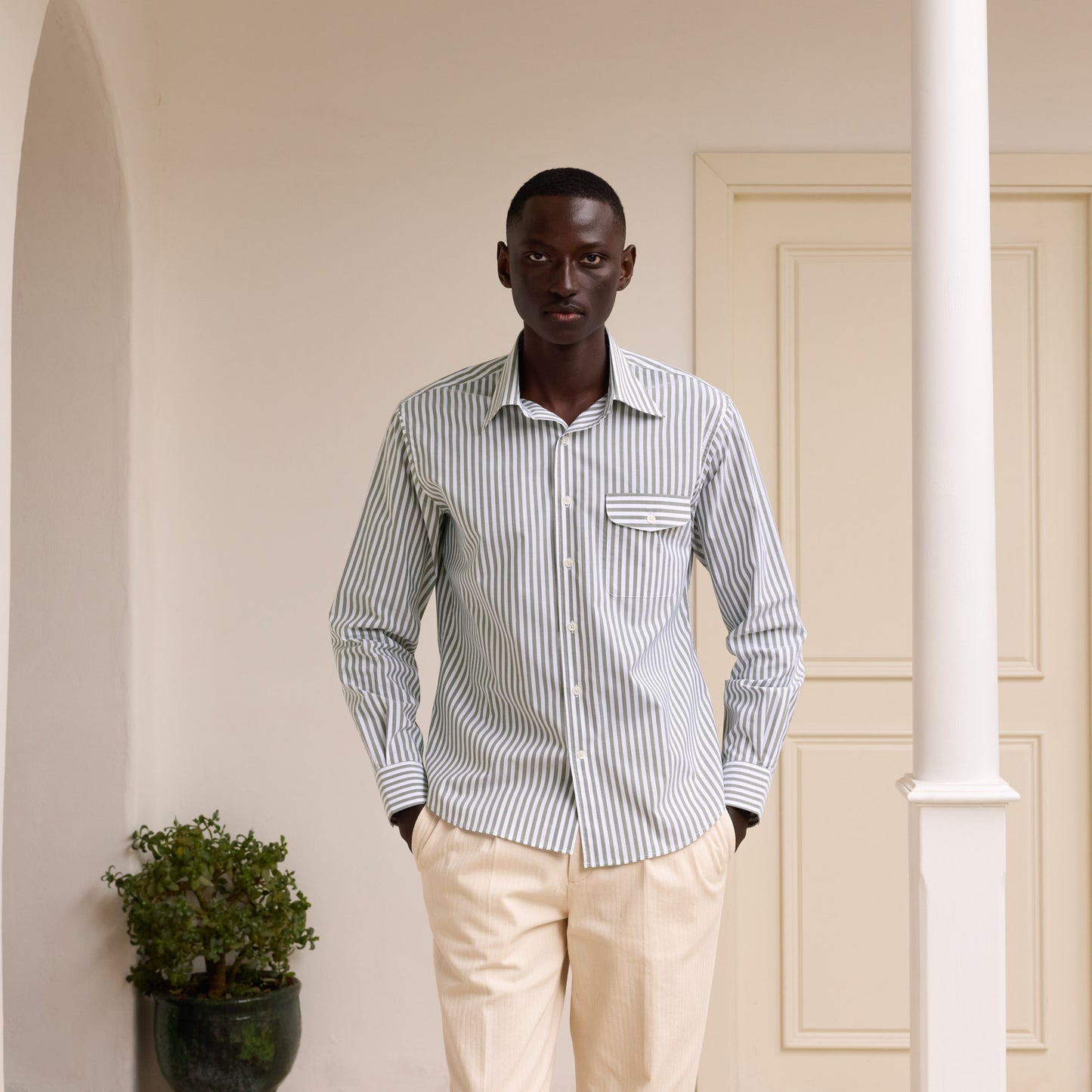 Green and white striped poplin shirt