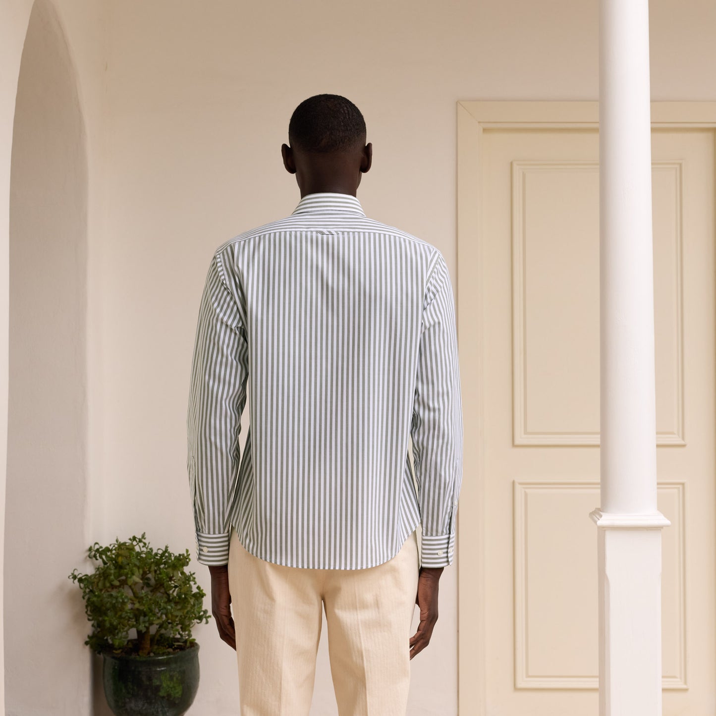 Green and white striped poplin shirt