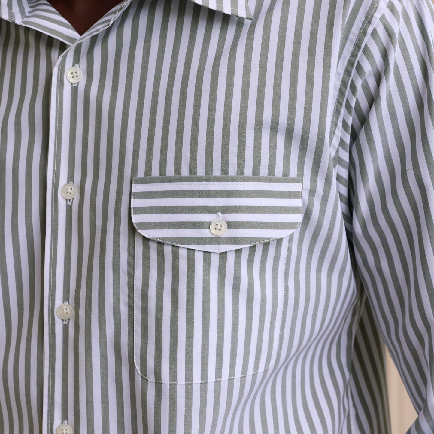 Green and white striped poplin shirt