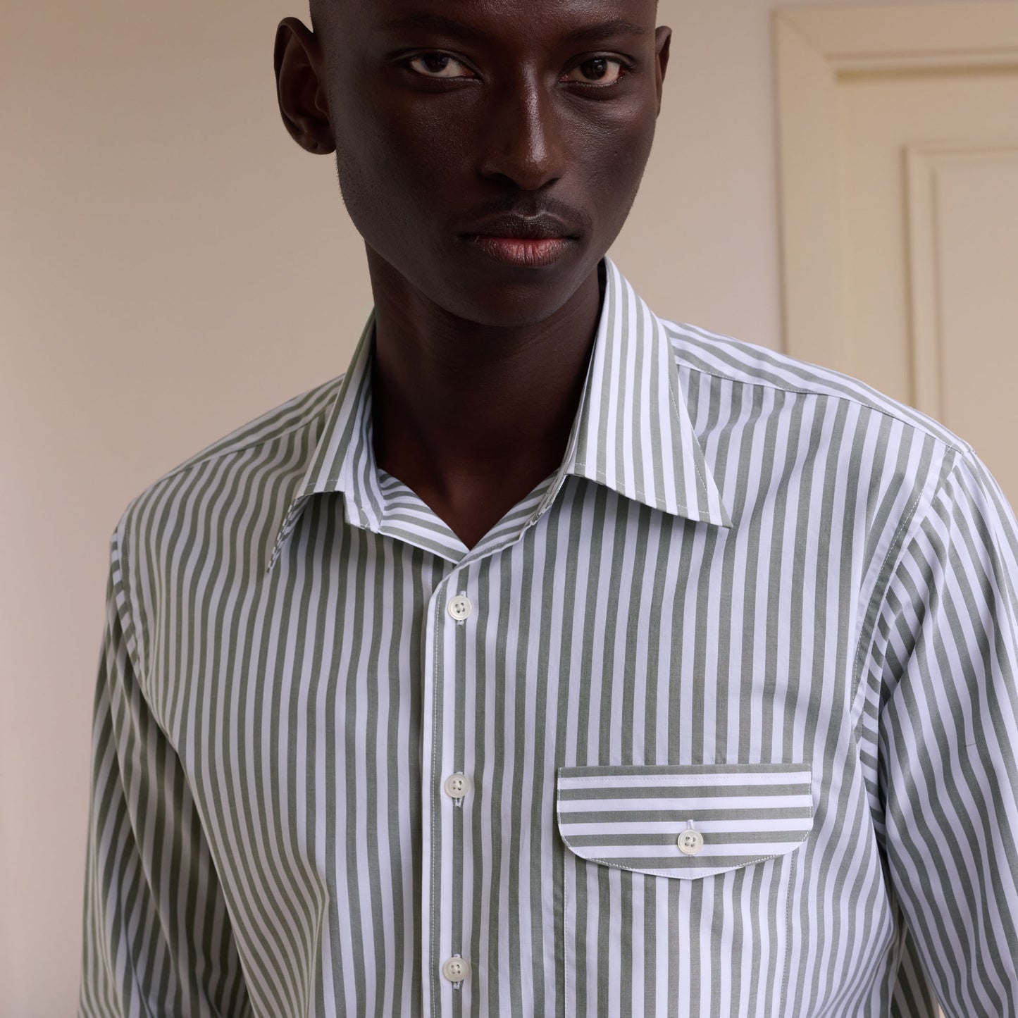 Green and white striped poplin shirt