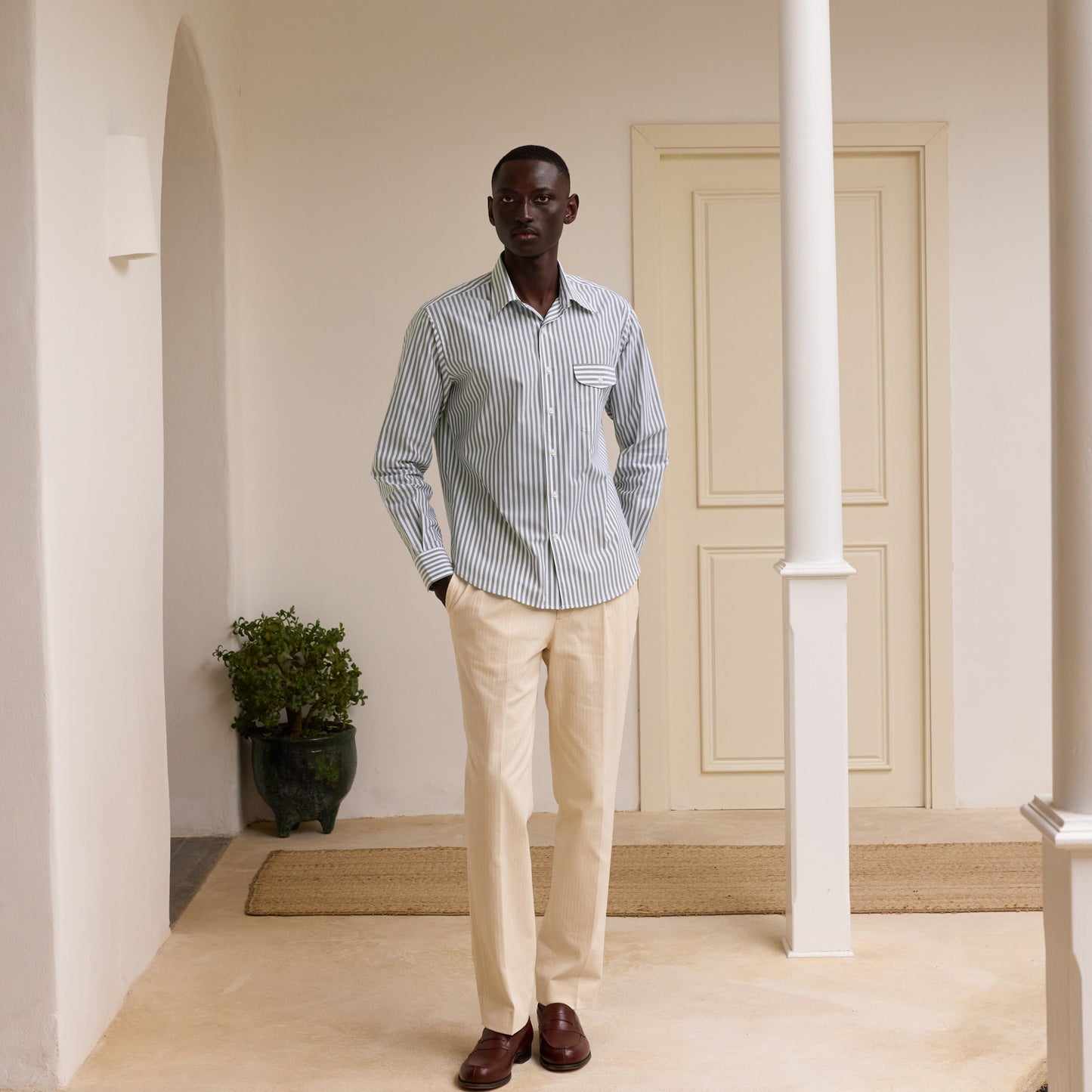 Green and white striped poplin shirt