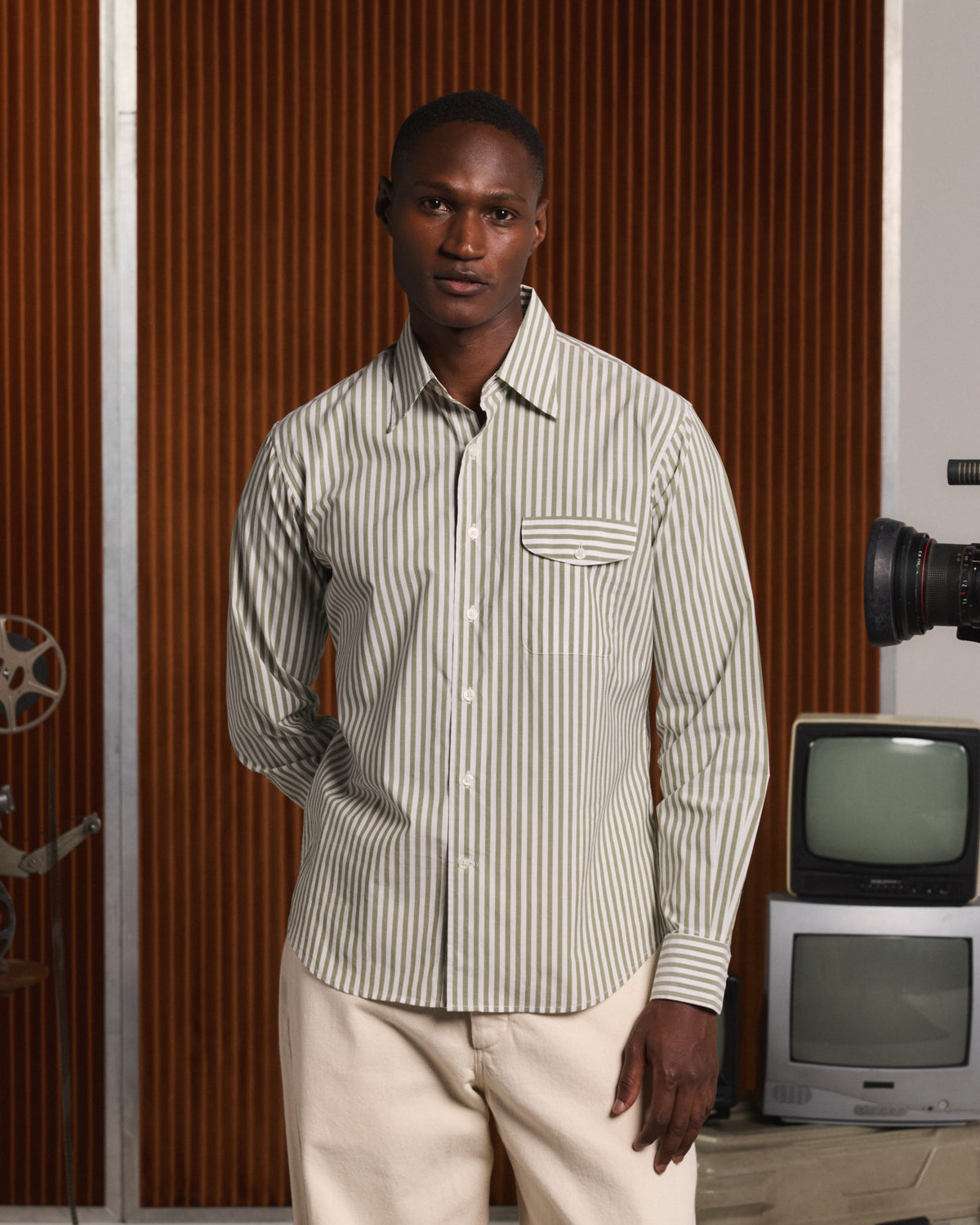 Chemise en popeline à rayures vertes et blanches