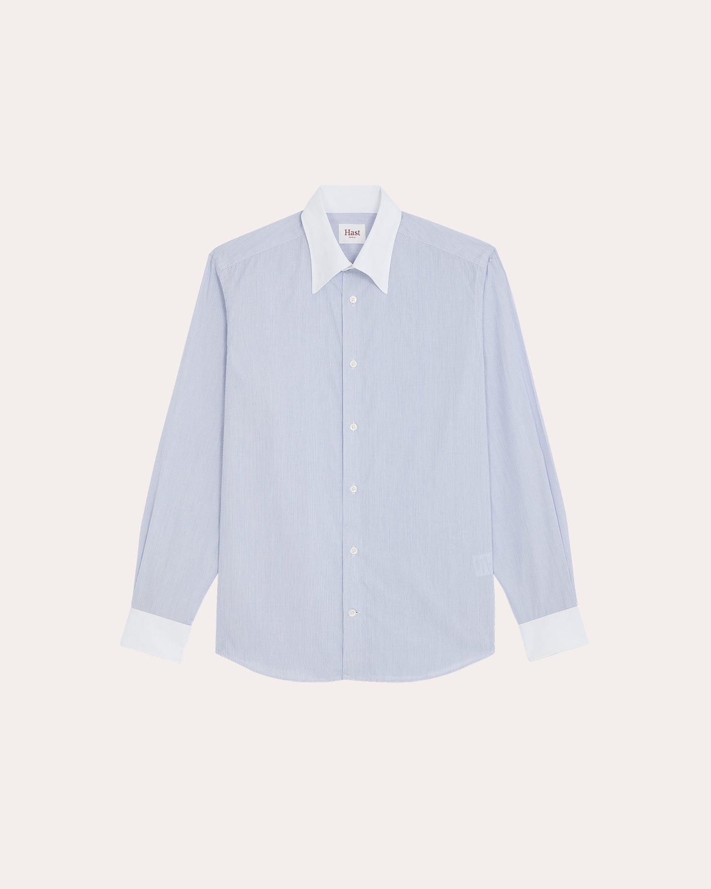 Chemise en coton bleu rayé col blanc