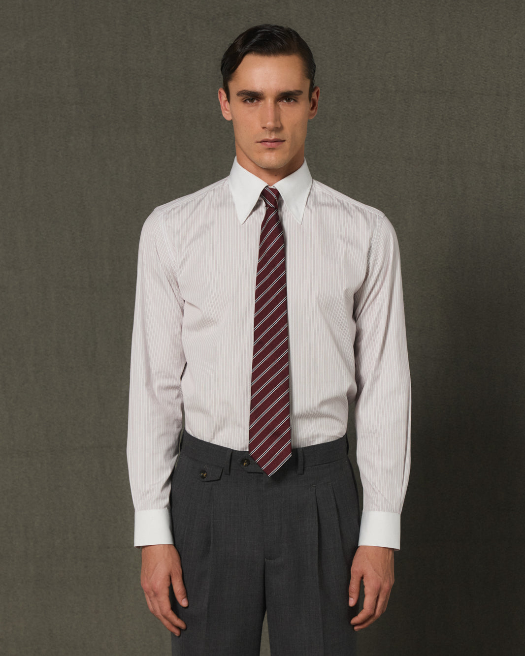 White formal shirt with burgundy stripes