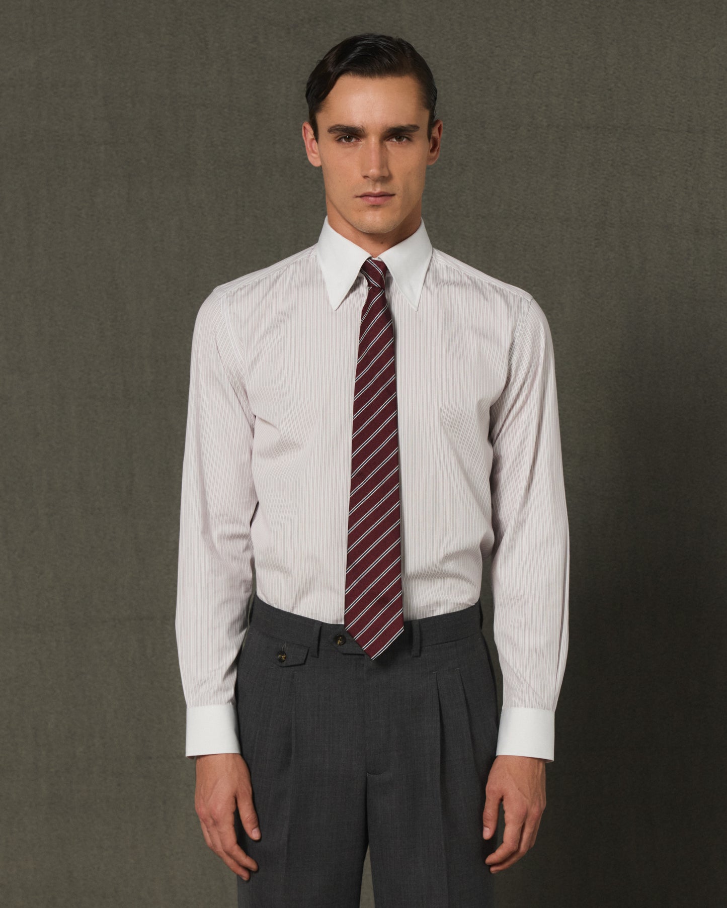 Formal shirt in white and burgundy striped cotton with white collar