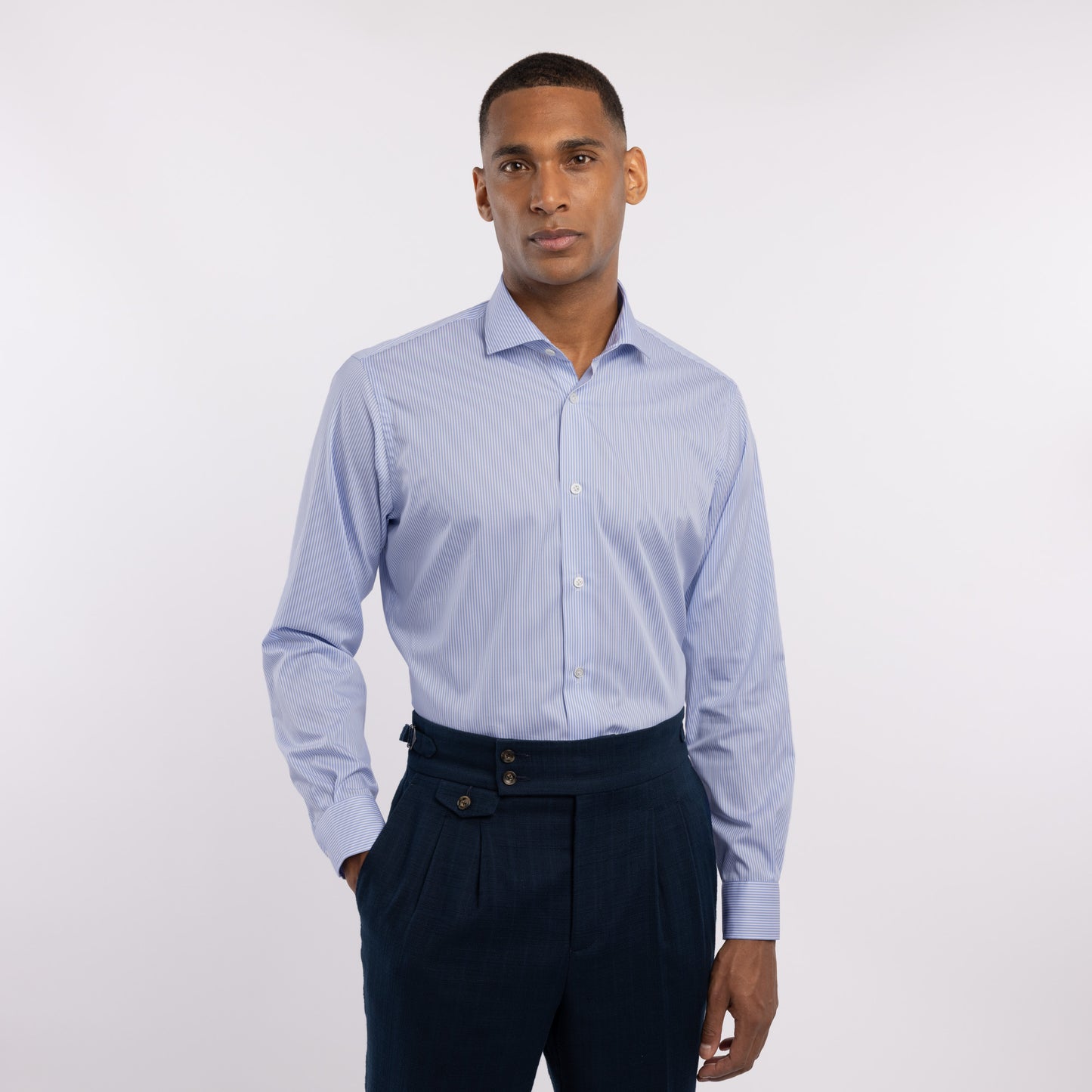 Chemise premium Thomas Mason en twill à rayures bleues