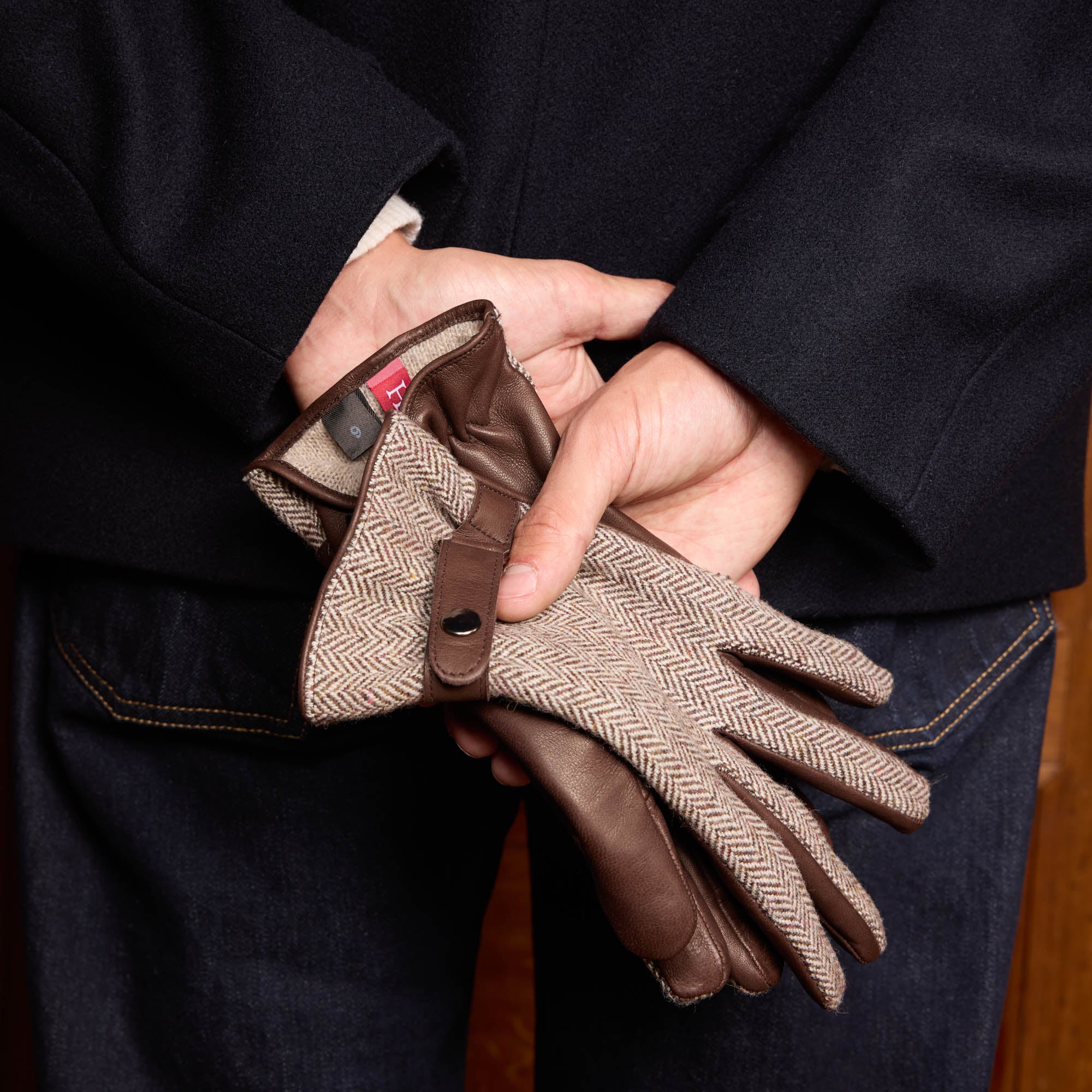 Gants en cuir et laine à chevrons marron aperçu 2