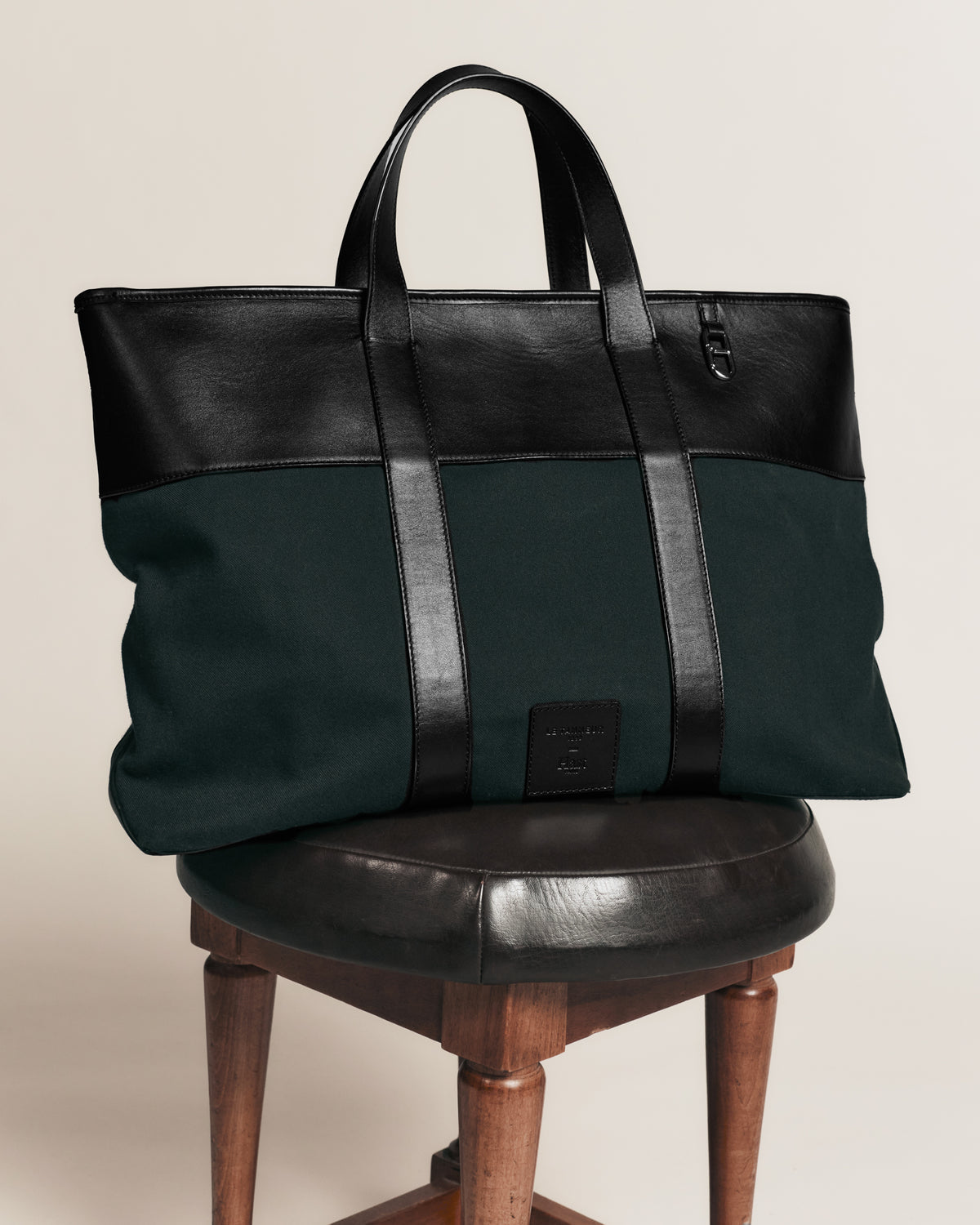 24-hour tote bag in leather and cotton canvas