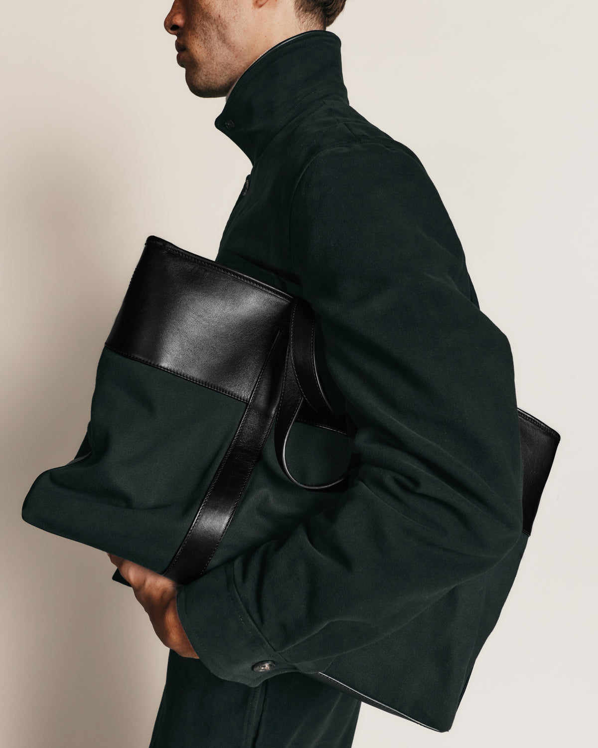 24-hour tote bag in leather and cotton canvas
